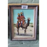 A well painted oil on board of two Sikh soldiers astride a camel, signed Jeanne L M.A.A.