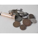 An unusual gold plated whistle incorporating a vesta case and compass plus various coins,