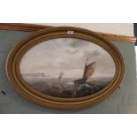 An oval oil on board of fishing vessels off headland, monogram,