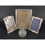 Three silver picture frames (two as found) plus a cut glass silver rimmed scent bottle (as found)