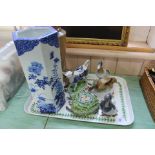 A Japanese blue and white hexagonal vase, Victorian milk glass vase,