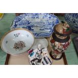 A Davenport blue and white meat plate with chinoiserie river scene (as found),