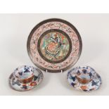 A 19th Century Chinese butterfly and bird decorated plate plus two pairs of blue and red tea bowls