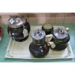 A Victorian Taylor & Tunnicliffe pottery biscuit barrel with silver mounts plus three pieces of tea