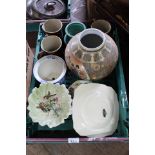 A modern Chinese vase and other china plus silver plate and brass including brass owls (two boxes)