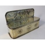 A 19th Century Dutch hanging brass candle box with raised back embossed with Coat of Arms and