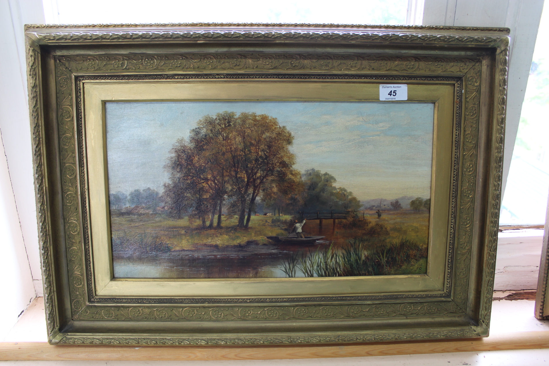 An oil on canvas of a river scene with man and punt, monogram J B,