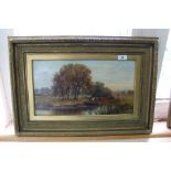 An oil on canvas of a river scene with man and punt, monogram J B,