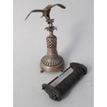 A 19th Century Chinese lock (with combination) plus a white metal eagle on stand