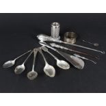 A mixed lot of silver spoons, silver rimmed match striker (as found), silver handled button hooks,