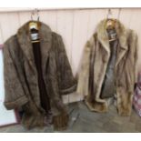 Two lady's brown fur coats plus designer dresses and hats etc (one box and bag)