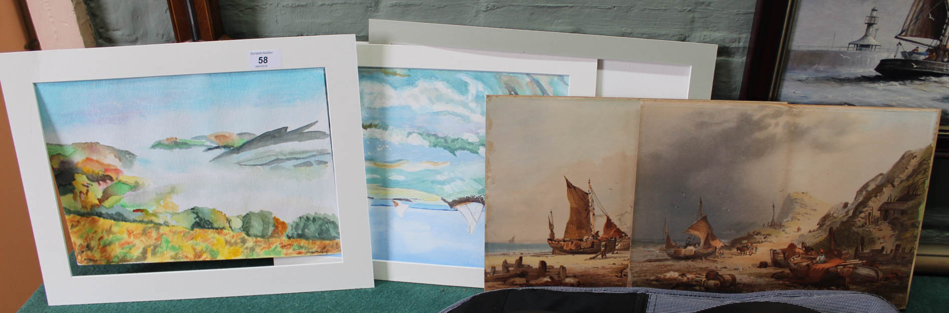 Various unframed watercolours plus two Victorian beach scene prints