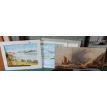 Various unframed watercolours plus two Victorian beach scene prints