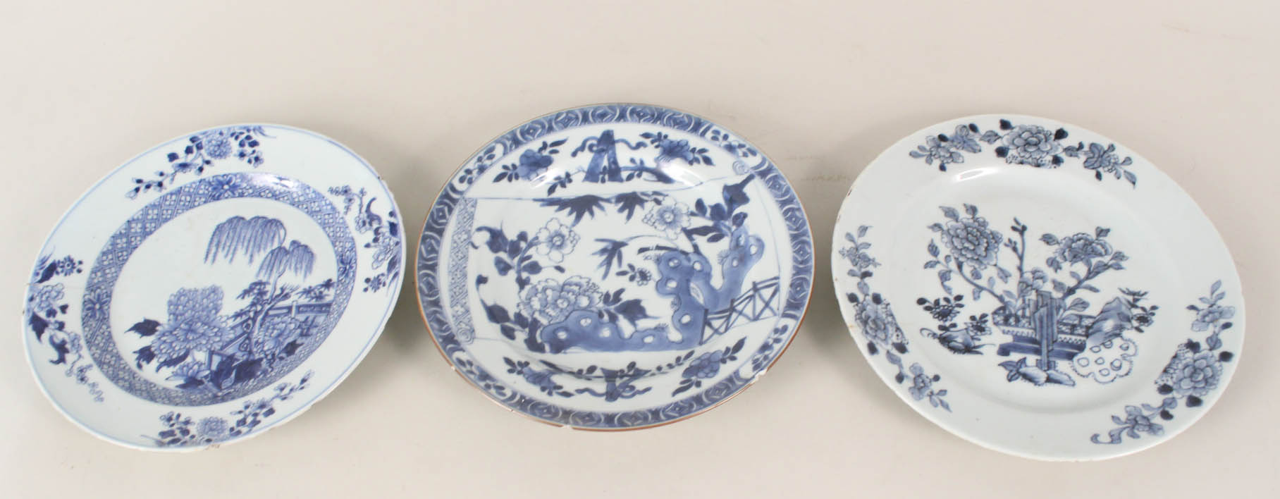 Three 18th Century Chinese blue and white plates (as found)
