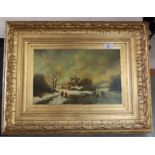 A modern Dutch School oil on board of a winter scene with ice skaters,