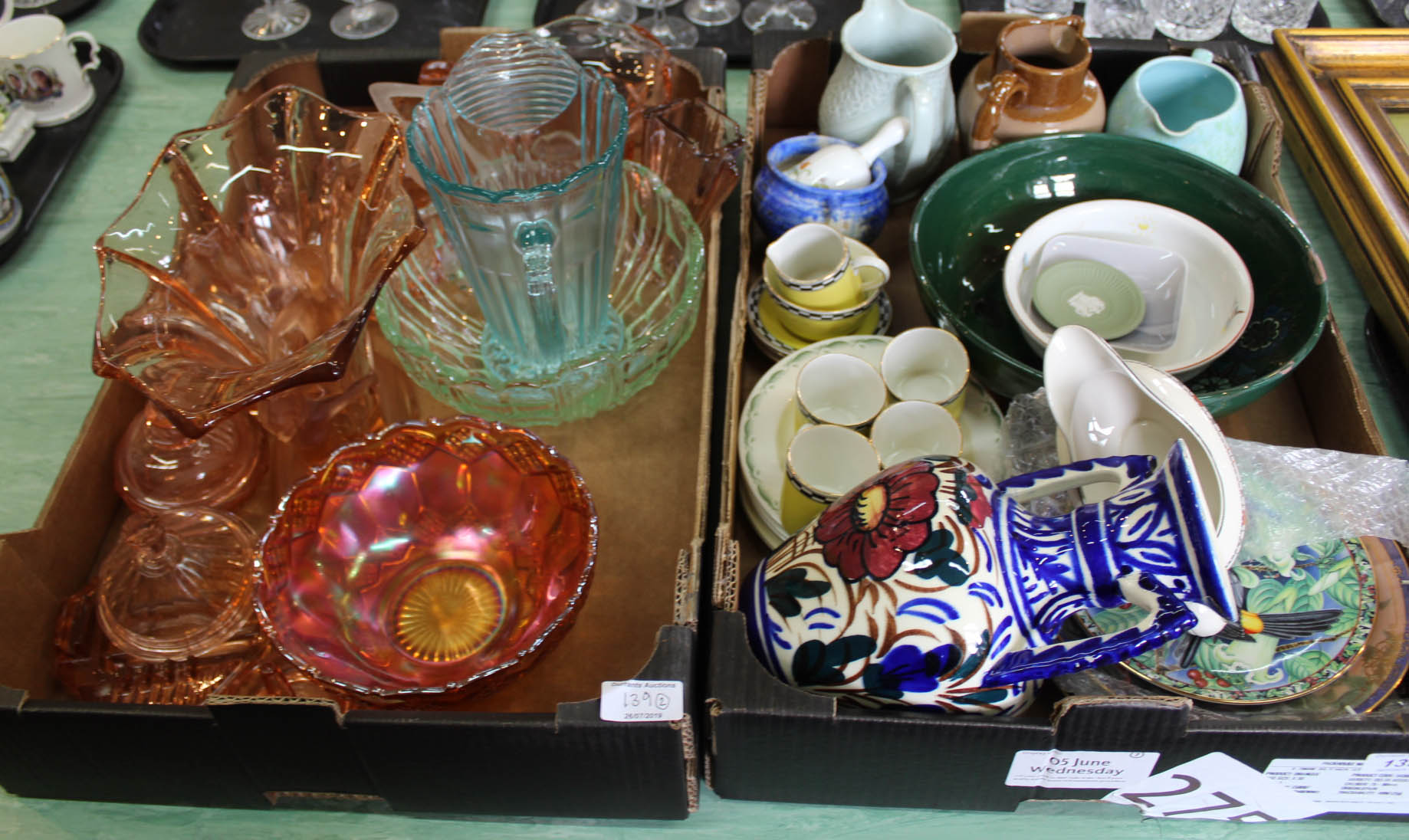 Two boxes of china plus Carnival and other glass