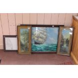 Bill Gall oil on board of a galleon in full sail 23" x 35" plus two prints and East Anglian Naval