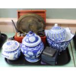 Various blue and white china, a wooden box containing a small Satsuma vase,
