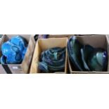 A blue and green pottery fish set plus a Japanese blue fruit decorated set (three boxes)