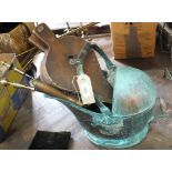 A 19th Century copper coal helmet, bellows,
