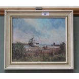 Joe Crowfoot oil on board of a harbour scene with vessel,