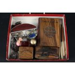 Olive wood boxes, bone handled sewing implements,