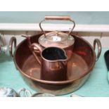 Three 19th Century copper items viz: twin handled preserving pan 14 3/4" dia,