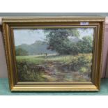 An oleograph of a woodland and meadow scene with cattle,