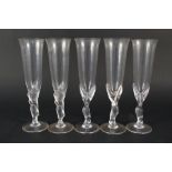A set of five French glass champagne flutes marked Igor Carl Faberge with frosted kissing snow dove