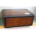 A Victorian burr walnut and inlaid box with gold moiree silk liner