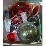 Glassware to include red and gilt plates, local siphons and bottles,