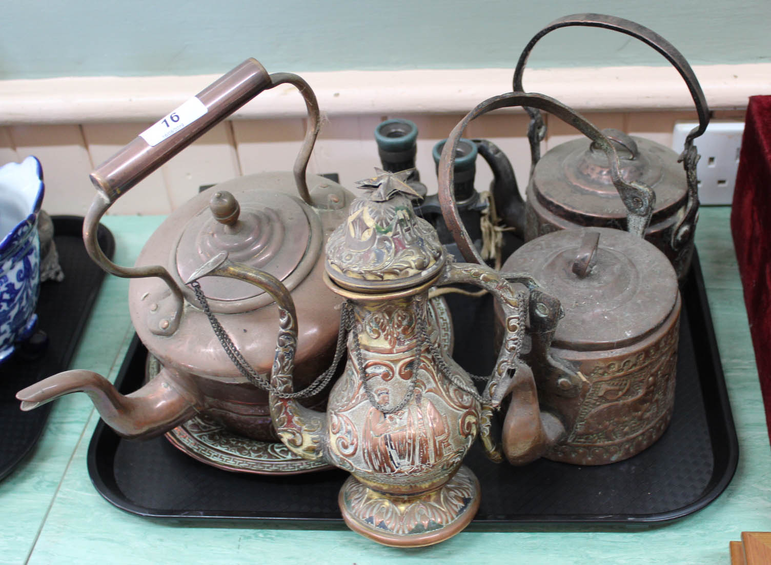 A Victorian copper kettle plus Islamic metalware etc