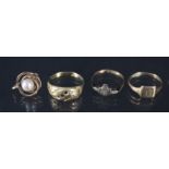 A small 9ct gold signet ring, a 9ct gold ring set with white stones,