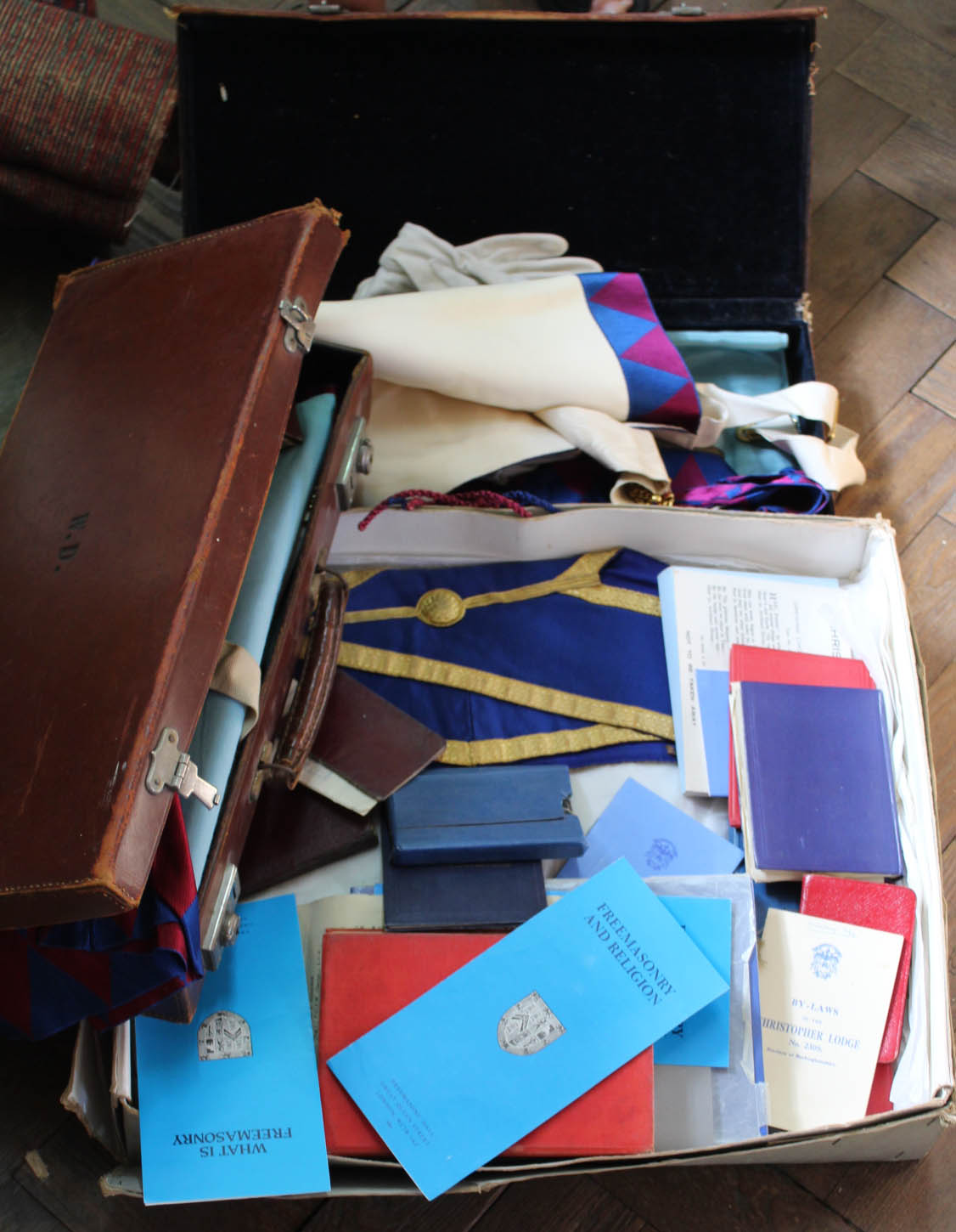 Two cases containing Masonic apron and medallions plus literature etc