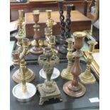 A quantity of various brass plus other candlesticks (two trays)