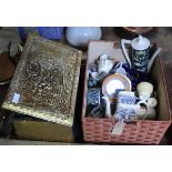 An embossed brass log box, oak mantel clock,