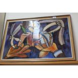 S Richards abstract acrylic on board 'Flower Pot Secateurs and Rubber Gloves',