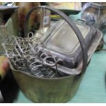 A Victorian brass jam pan containing silver plated entree dish,