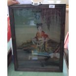 A Chinese reverse painting on glass of a lady in riverside location,