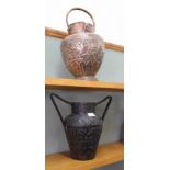 An Eastern copper water jug with embossed bird and floral decoration plus a two handled vase
