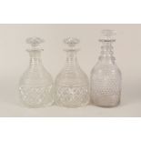 A Regency triple ring cut glass decanter plus a pair of 19th Century cut glass decanters