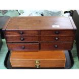 A Victorian mahogany rising top box with two drawers and four dummies plus one other and a box of
