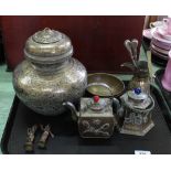 Two brass teapots with hardstone inlays, an Indian engraved lidded pot, two mate spoons,