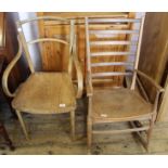 A bentwood armchair and a beech ladderback rocking chair