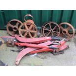 A mixed lot including a railway lamp, wheels, horse's harness,