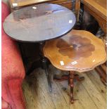 A reproduction tripod table and round tripod table with Oriental decoration