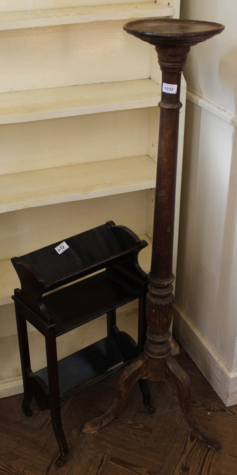 A 19th Century torchere and mahogany book stand on castors