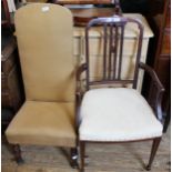 A mahogany high back chair and an Edwardian inlaid mahogany elbow chair