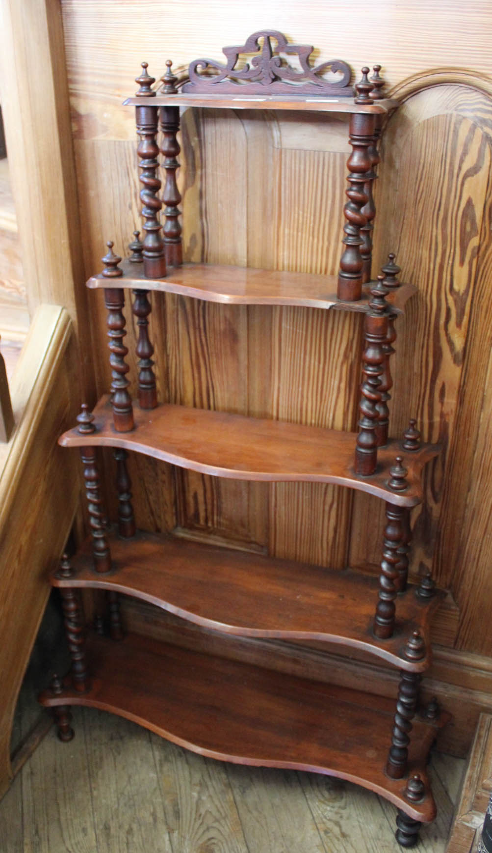 A five tier mahogany whatnot and reproduction single drawer pot stand