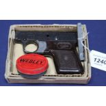 A boxed Webley Mark III sports starting pistol with tin of .